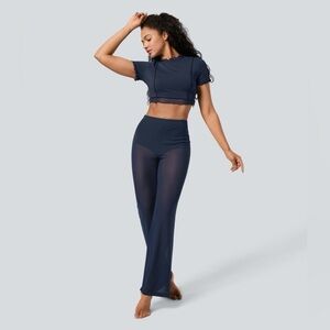 Halara High Waisted 2-in-1 Sheer Mesh Dance Flare Pants Indigo Navy Womens Large
